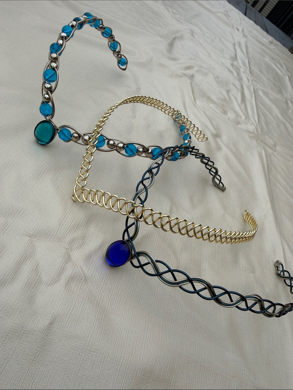 3 Headpieces- Gold and Blue Wire Braided Headbands - Women Accessories